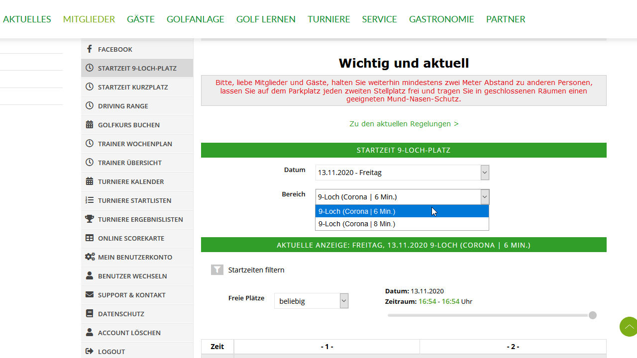 Startzeiten in 6-Minuten-Intervallen