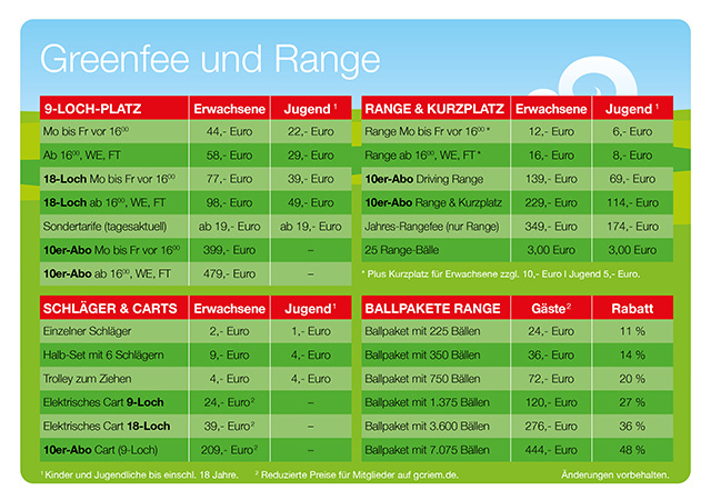 Preisliste Greenfee 2026